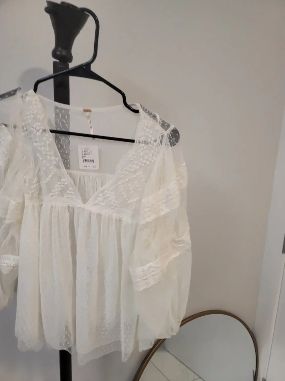 Free People Boho Floral Lace True Candy Top Size S White Mesh Sheer Festival NWT
